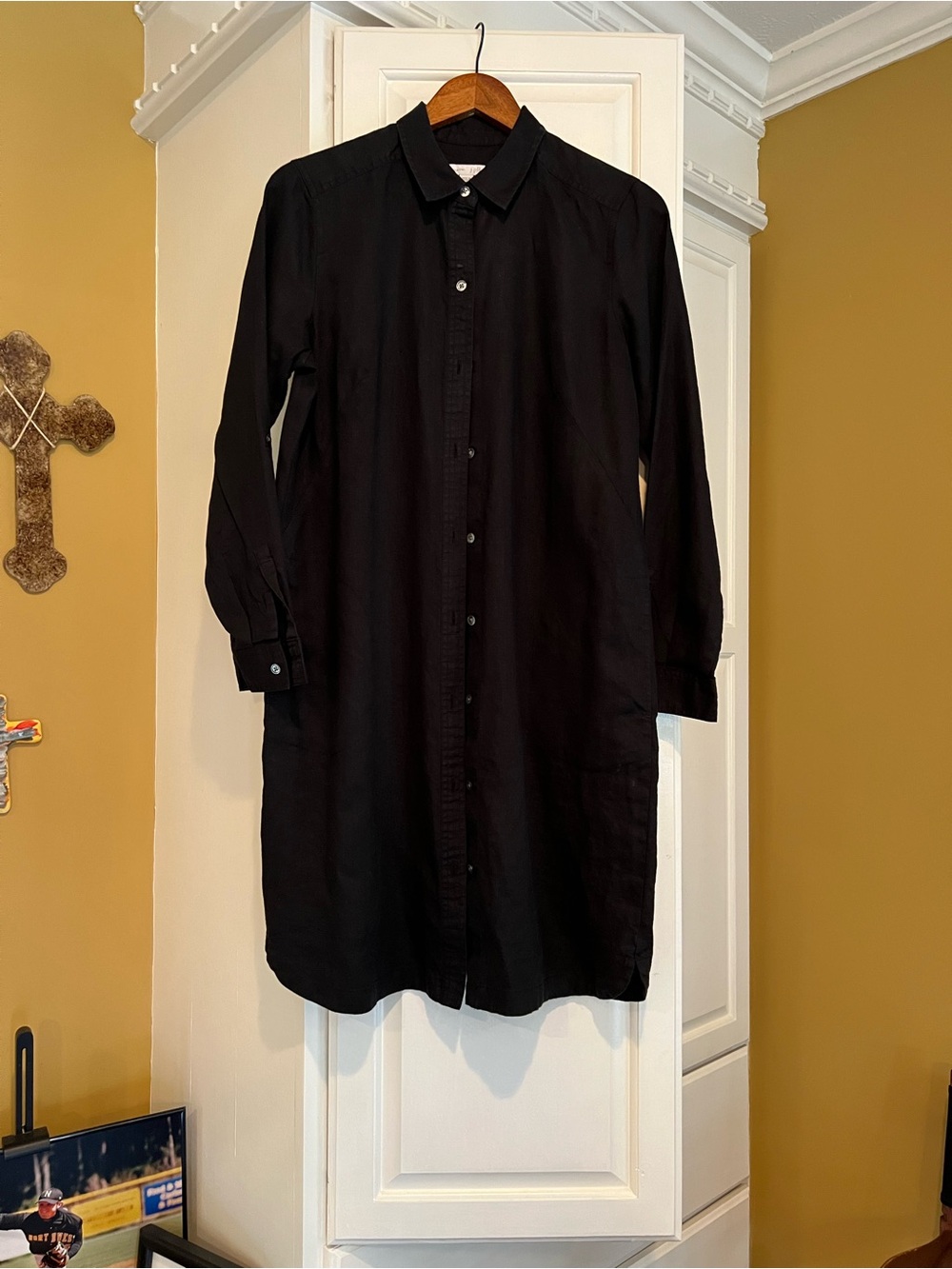J Jill linen Black Button-Front Shirt Dress roll sleeve tabs